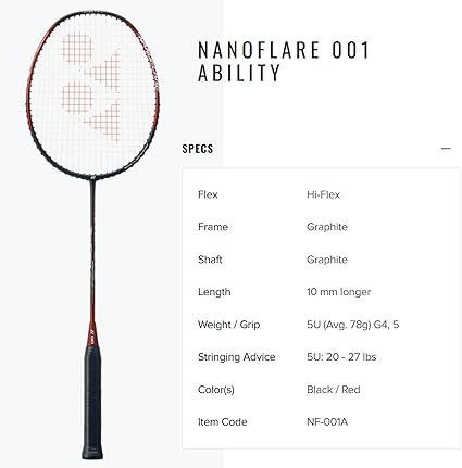 YONEX Nanoflare 001 Ability Badminton Racquet (Strung) Graphite Frame HiFlex Slim Shaft Racket BlackRed